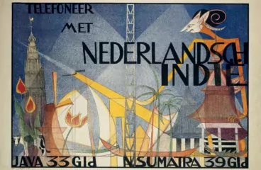 Poster van Leo Visser voor telefoneren met Nederlands-Indië_archief #5 Honderd jaar verbinding Radio Malabar en Radio Kootwijk